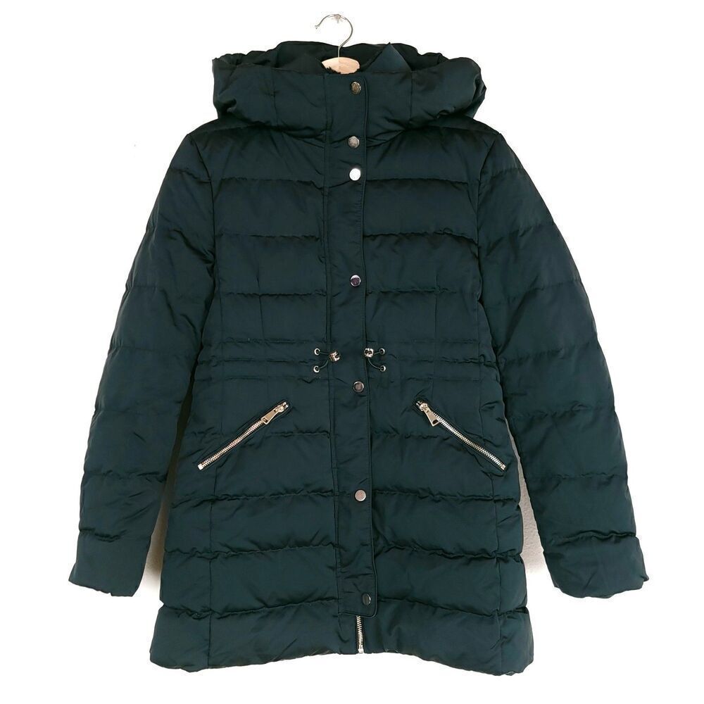 ZARA Fur Long Quilted Down Fill Puffer Jacket Parka Coat Emerald Medium Gorpcore